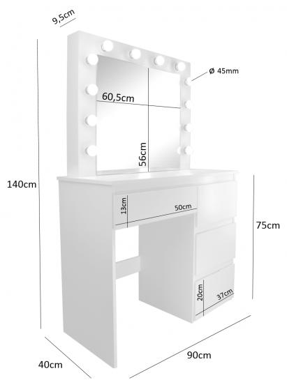 TOALETKA DO WIZAŻU BIAŁA Z OŚWIETLENIEM Z 4 SZUFLADAMI TOALETKA DO MAKIJAŻU