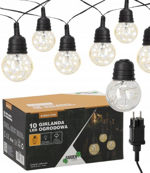 GIRLANDA OGRODOWA 5 V DŁ. 3 + 7  M BUBBLE WIRE 10 LED CIEPŁY BIAŁY Z UCHWYTAMI