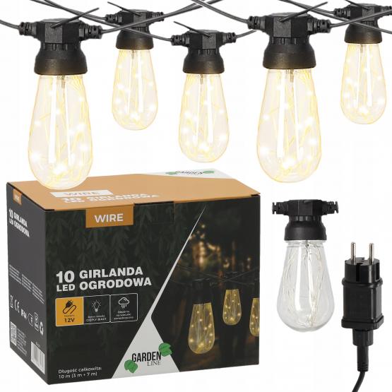 GIRLANDA OGRODOWA 12 V DŁ. 3 + 7  M WIRE 10 LED CIEPŁY BIAŁY Z UCHWYTAMI