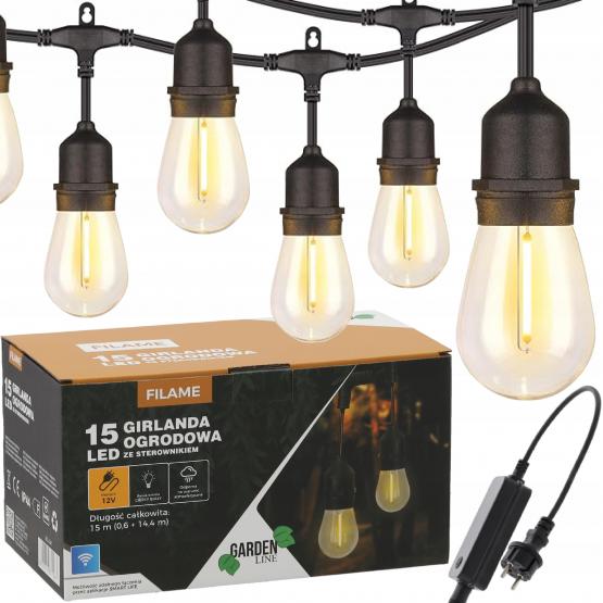 GIRLANDA OGRODOWA ZE STEROWNIKIEM 12 V DŁ. 0,6 + 14,4  M FILAME 15 LED CIEPŁY BIAŁY Z UCHWYTAMI