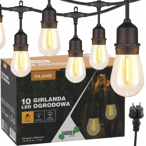 GIRLANDA OGRODOWA 230 V  DŁ. 3 + 7  M FILAME 10 LED CIEPŁY BIAŁY Z UCHWYTAMI 