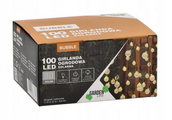 GIRLANDA SOLARNA OGRODOWA DŁ. 2 + 9.9  M BUBBLE 100 LED CIEPŁY BIAŁY