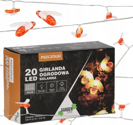 GIRLANDA SOLARNA OGRODOWA DŁ. 2 + 3.8 M PSZCZÓŁKI 20 LED CIEPŁY BIAŁY 