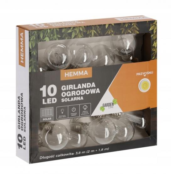 GIRLANDA SOLARNA OGRODOWA DŁ. 2 + 1.8  M HEMMA 10 LED CIEPŁY BIAŁY DUŻA ŻARÓWKA 