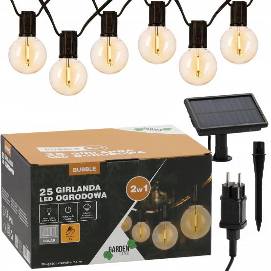 GIRLANDA OGRODOWA 2w1 (SOLAR / 3 V)  DŁ. 7,5 M BUBBLE 25 LED CIEPŁY BIAŁY Z UCHWYTAMI