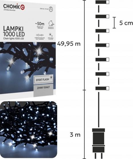 LAMPKI LED 1000L ZIMNY BIAŁY + ZIMNY FLASH, DŁ. 3 + 50 M WEWN/ZEWN