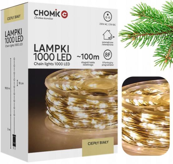 LAMPKI LED DRUCIKI NA SZPULI 1000L CIEPŁY BIAŁY, DŁ. 3 + 100 M
