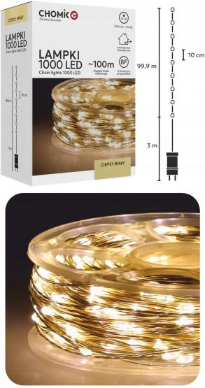 LAMPKI LED DRUCIKI NA SZPULI 1000L CIEPŁY BIAŁY, DŁ. 3 + 100 M
