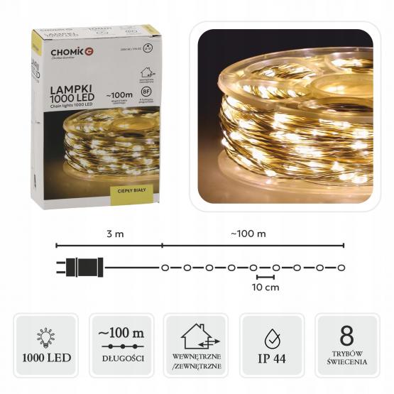 LAMPKI LED DRUCIKI NA SZPULI 1000L CIEPŁY BIAŁY, DŁ. 3 + 100 M