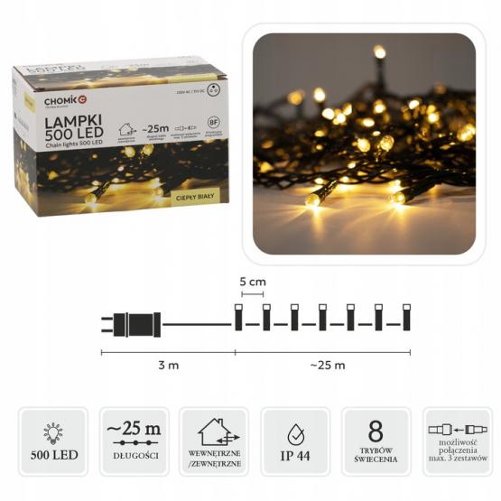 LAMPKI LED 500L CIEPŁY BIAŁY, DŁ. 3 + 25 M WEWN/ZEWN