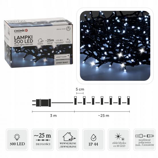 LAMPKI LED 500L ZIMNY BIAŁY + ZIMNY FLASH, DŁ. 3 + 25 M WEWN/ZEWN 