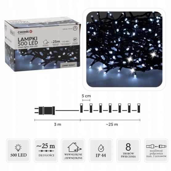 LAMPKI LED 500L ZIMNY BIAŁY, DŁ. 3 + 25 M WEWN/ZEWN