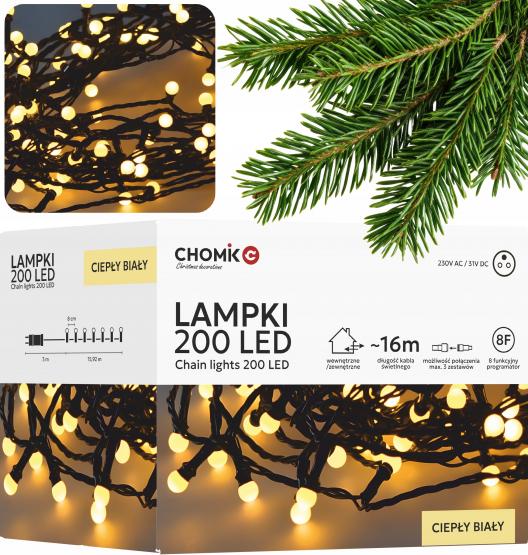 LAMPKI LED KULKI 200L CIEPŁY BIAŁY, DŁ. 3 + 16 M 