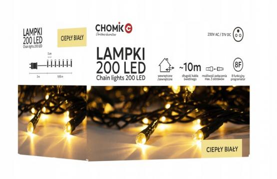 LAMPKI LED 200L CIEPŁY BIAŁY, DŁ. 3 + 10 M WEWN/ZEWN 