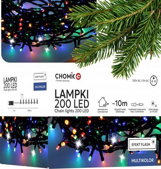 LAMPKI LED 200L MULTIKOLOR + ZIMNY FLASH, DŁ. 3 + 10 M WEWN/ZEWN 