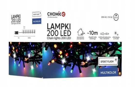 LAMPKI LED 200L MULTIKOLOR + ZIMNY FLASH, DŁ. 3 + 10 M WEWN/ZEWN 