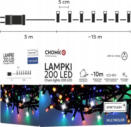 LAMPKI LED 200L MULTIKOLOR + ZIMNY FLASH, DŁ. 3 + 10 M WEWN/ZEWN 