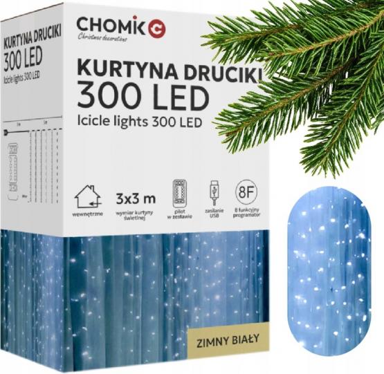 KURTYNA ŚWIETLNA DRUCIKI 300L ZIMNY BIAŁY, 3 x 3 M, USB, Z PILOTEM