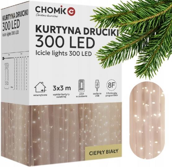 KURTYNA ŚWIETLNA DRUCIKI 300L CIEPŁY BIAŁY, 3 x 3 M, USB,  Z PILOTEM 