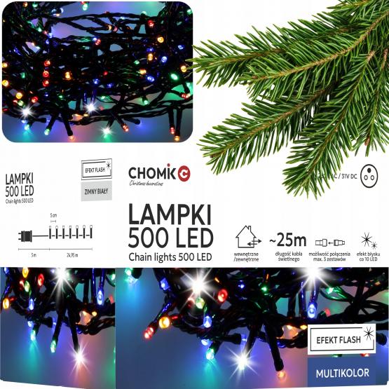 LAMPKI LED 500L MULTIKOLOR + ZIMNY FLASH, DŁ. 3 + 25 M WEWN/ZEWN