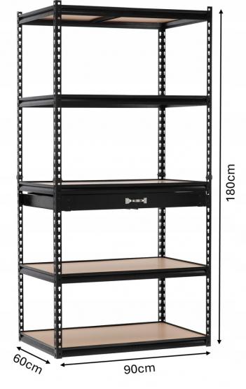 REGAŁ 5-POZIOMOWY Z SZUFLADĄ 180 x 90 x 60 CM UDŹWIG PÓŁKI: 175 KG