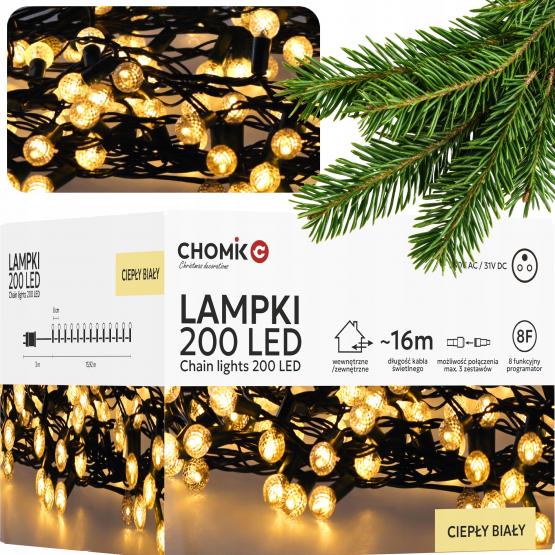 LAMPKI LED CHERRY BALL 200L CIEPŁY BIAŁY, DŁ. 3 + 16 M