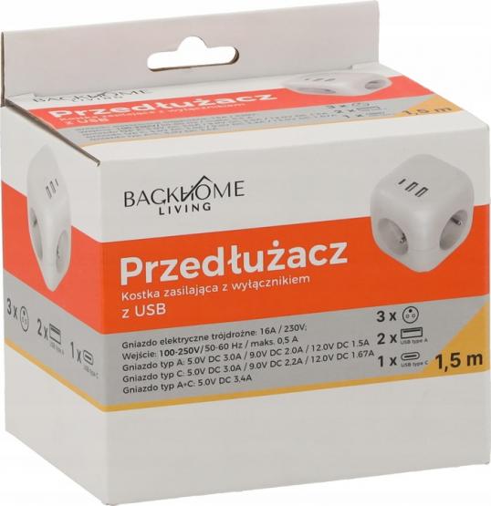 PRZEDŁUŻACZ KOSTKA ZASILAJĄCA 3 GNIAZDA 230V I 3 GNIAZDA USB 1,5 M BIAŁA