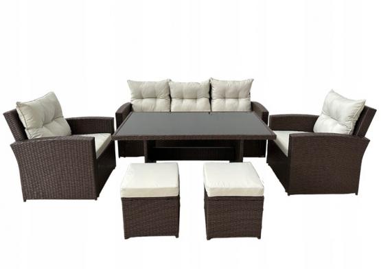 ZESTAW MEBLI OGRODOWYCH RATTAN STÓŁ SOFA FOTELE 7 OSÓB TARAS PATIO