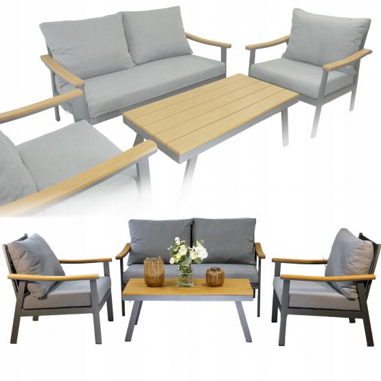 ZESTAW MEBLI OGRODOWYCH LUBLANA ALUMINIOWY SOFA 2 FOTELE STOLIK SZARY