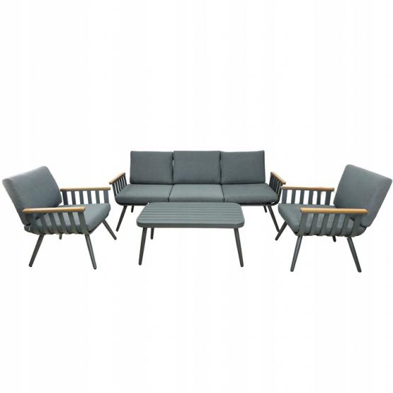 ZESTAW MEBLI OGRODOWYCH SZARY SOFA 3 OS. 2 FOTELE STOLIK PODUSZKI