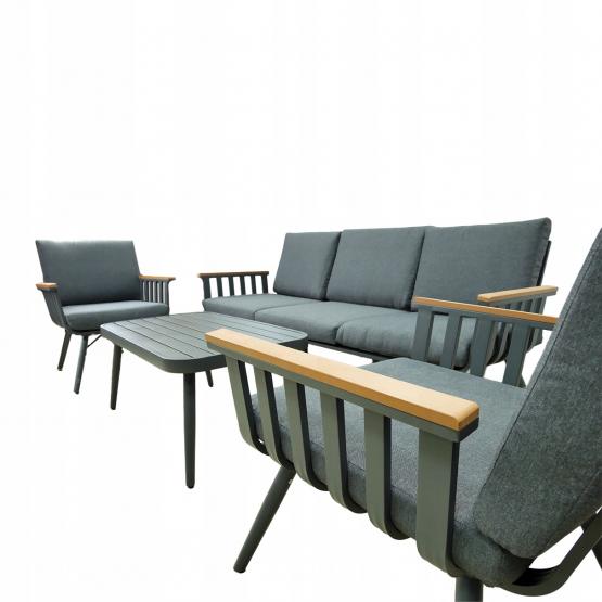 ZESTAW MEBLI OGRODOWYCH SZARY SOFA 3 OS. 2 FOTELE STOLIK PODUSZKI
