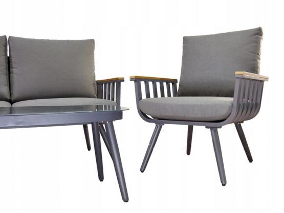 ZESTAW MEBLI OGRODOWYCH SZARY SOFA 2 FOTELE STOLIK PODUSZKI ALUMINIUM
