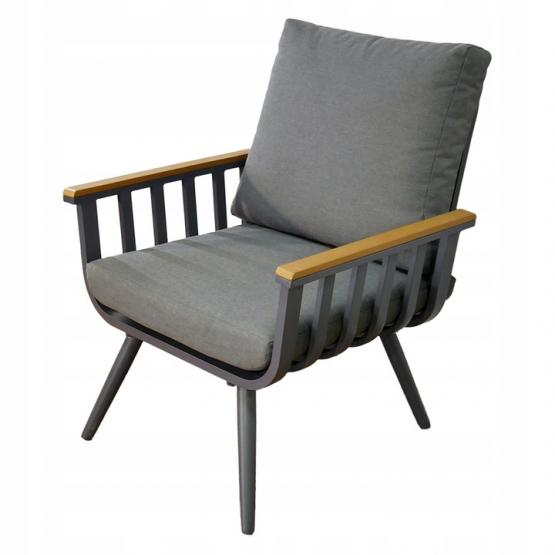 ZESTAW MEBLI OGRODOWYCH SZARY SOFA 2 FOTELE STOLIK PODUSZKI ALUMINIUM