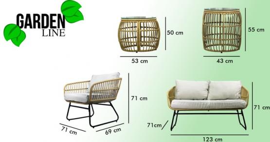ZESTAW MEBLI OGRODOWYCH BRĄZOWY SOFA 2 FOTELE STOLIKI PODUSZKI SZARE