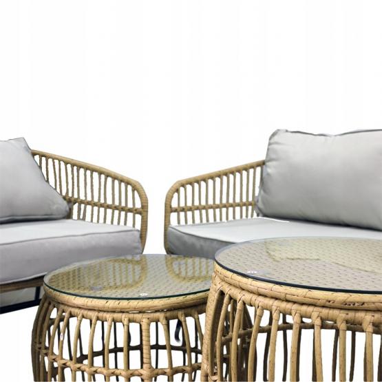 ZESTAW MEBLI OGRODOWYCH BRĄZOWY SOFA 2 FOTELE STOLIKI PODUSZKI SZARE