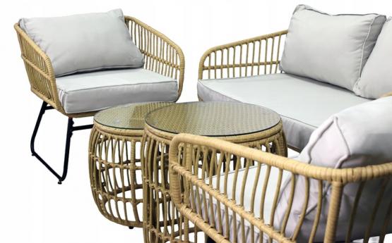 ZESTAW MEBLI OGRODOWYCH BRĄZOWY SOFA 2 FOTELE STOLIKI PODUSZKI SZARE