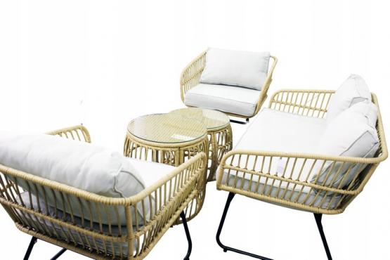 ZESTAW MEBLI OGRODOWYCH BRĄZOWY SOFA 2 FOTELE STOLIKI PODUSZKI SZARE