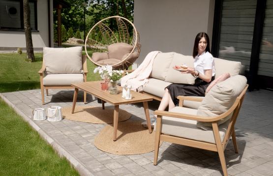 ZESTAW MEBLI OGRODOWYCH NIKOZJA ALUMINIOWY 3 OS SOFA FOTELE STOLIK BEŻOWY
