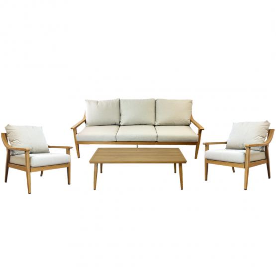 ZESTAW MEBLI OGRODOWYCH NIKOZJA ALUMINIOWY 3 OS SOFA FOTELE STOLIK BEŻOWY