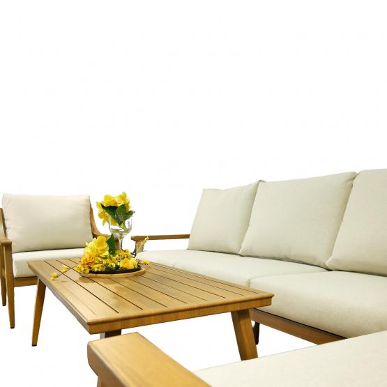 ZESTAW MEBLI OGRODOWYCH NIKOZJA ALUMINIOWY 3 OS SOFA FOTELE STOLIK BEŻOWY