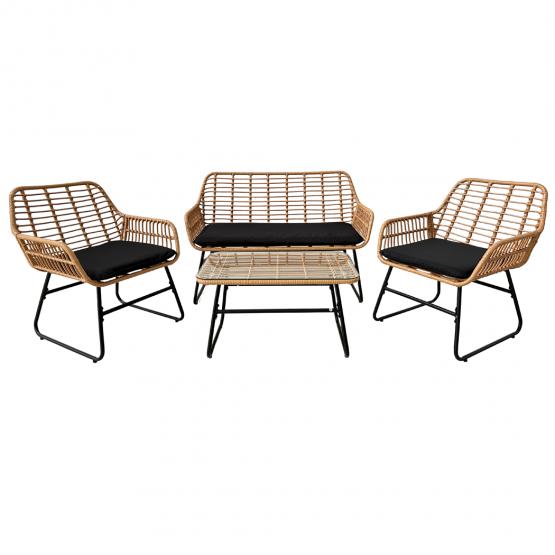 Zestaw Mebli Ogrodowych (Sofa, 2 Krzesła, Stolik) - Brązowy z Czarnymi Poduszkami  Garden Line