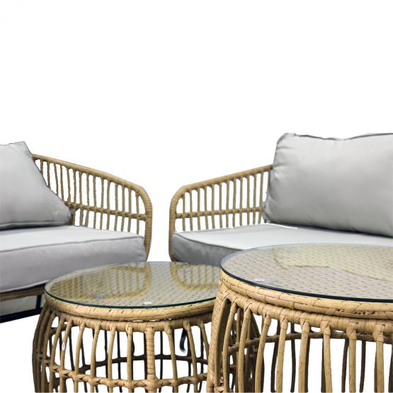 Zestaw Mebli Ogrodowych Garden Line Brązowy z Szarymi Poduszkami - (Sofa + 2 Krzesła + 2 Stoliki)