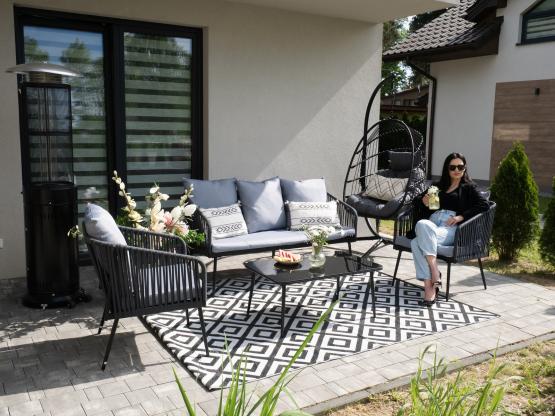Zestaw Mebli Ogrodowych z Plecionej Liny Garden Line Antracyt + Szare Poduszki (2 Fotele + Sofa + Stolik)