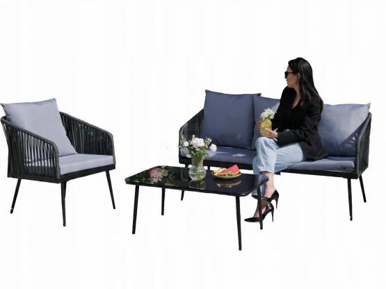 Zestaw Mebli Ogrodowych z Plecionej Liny Garden Line Antracyt + Szare Poduszki (2 Fotele + Sofa + Stolik)