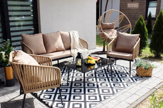 Zestaw Mebli Ogrodowych z Plecionej Liny Garden Line Beżowy + Beżowe Poduszki (2 Fotele + Sofa + Stolik)