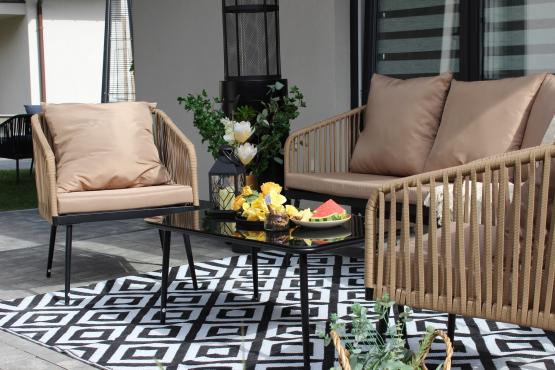 Zestaw Mebli Ogrodowych z Plecionej Liny Garden Line Beżowy + Beżowe Poduszki (2 Fotele + Sofa + Stolik)