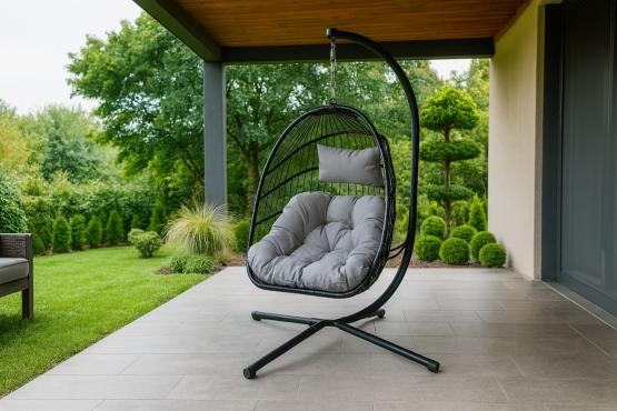 Fotel Wiszący Hage Garden Line Szary z Ciemnoszarą Poduszką i Czarną Ramą