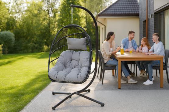 Fotel Wiszący Hage Garden Line Szary z Ciemnoszarą Poduszką i Czarną Ramą
