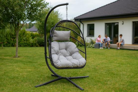 Fotel Wiszący Hage Garden Line Szary z Ciemnoszarą Poduszką i Czarną Ramą