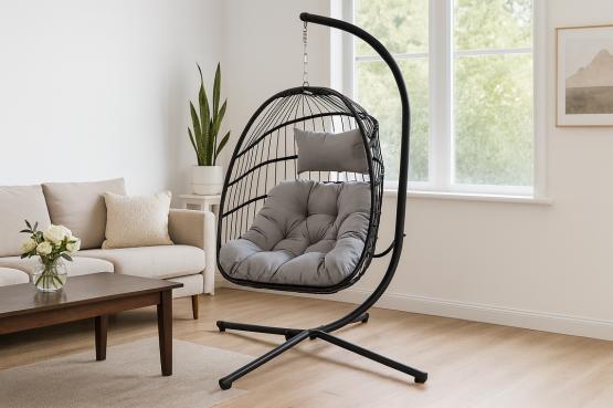 Fotel Wiszący Hage Garden Line Szary z Ciemnoszarą Poduszką i Czarną Ramą